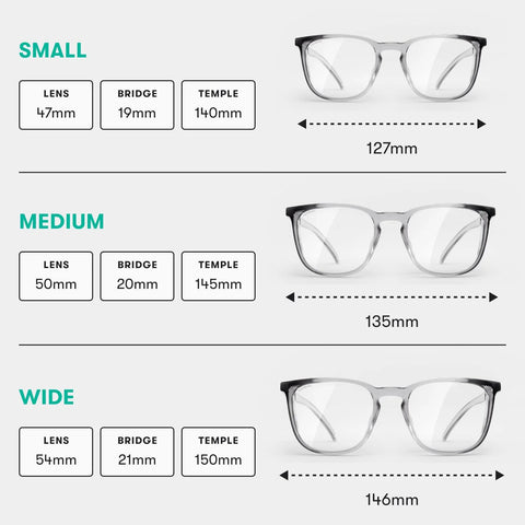 Three sizes of Z87.1 Certified Safety Glasses With Blue Light Blocking And Anti Fog Coating labeled small, medium, and wide