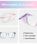 Colorful Z87.1 Certified Safety Glasses With Blue Light Blocking And Anti Fog Coating in pink, purple, and blue frames