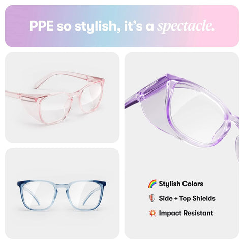 Colorful Z87.1 Certified Safety Glasses With Blue Light Blocking And Anti Fog Coating in pink, purple, and blue frames