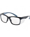Z87.1 Safety Glasses Anti Fog Blue Light Blocking With Removable Side Shields, clear lenses and black frame, angled view