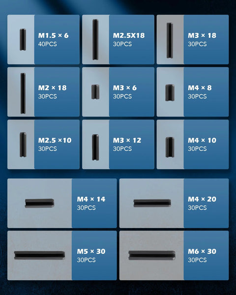Detailed view of 400 Piece Roll Pin Set With Slotted Spring Pins M1.5 Through M6 In Multiple Lengths Steel Hollow Expansion Pins