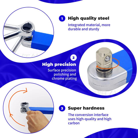 Zero Offset Extension Wrench Set With Half Inch Quarter Inch And Three Eighths Inch Square Drive Adapters shown with steel and precision details