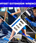 Zero Offset Extension Wrench Set With Half Inch Quarter Inch And Three Eighths Inch Square Drive Adapters shown in use and components