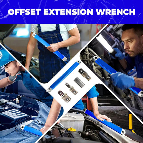 Zero Offset Extension Wrench Set With Half Inch Quarter Inch And Three Eighths Inch Square Drive Adapters shown in use and components