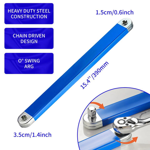 Zero Offset Extension Wrench Set With Half Inch Quarter Inch And Three Eighths Inch Square Drive Adapters shown with dimensions