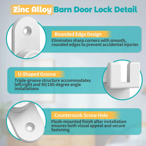 90 To 180 Degree Barn Door Lock Kit Made From Zinc Alloy with rounded edge design, U-shaped groove, and countersunk screw hole details