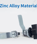 Two thumb operated offset cam locks with black handles in zinc alloy, showing front and side views.