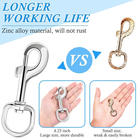 Comparison of extra large 4.23 inch swivel eye bolt snap hook with zinc alloy, showing durability and rust resistance, for marine use