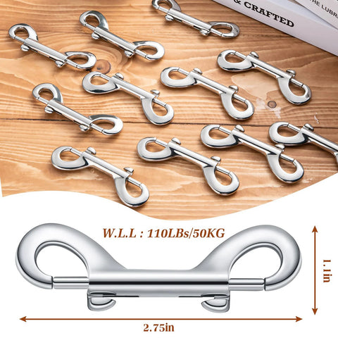12 Pack Double Ended Bolt Snap Hooks Zinc Alloy Double Trigger Clips For Dog Leash Collar Key Chain Horse Tack Pet Sling And Feed Buckets 2.75 Inch Durable 110 Pound Working Load displayed on a wooden surface with size measurements