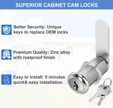 Keyed Alike Cabinet Cam Locks Set 1-1/2 Inch With Keys Durable Zinc Alloy Locks For Cabinets RV Storage Tool Boxes Thick Drawers Two Pack Heavy Duty Construction, showing close-up of lock, keys included, and installation details.