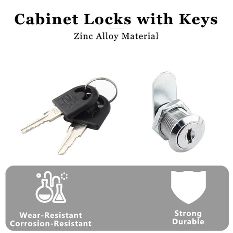Six durable zinc alloy cam locks with 3/4 inch threads and keys for corrosion-resistant cabinet and drawer protection.