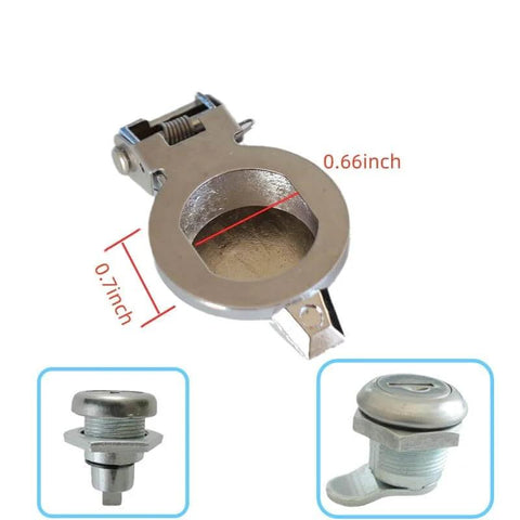 Durable zinc alloy cam lock dust cover set protects tool box locks shown with measurements and 17mm cam lock compatibility.