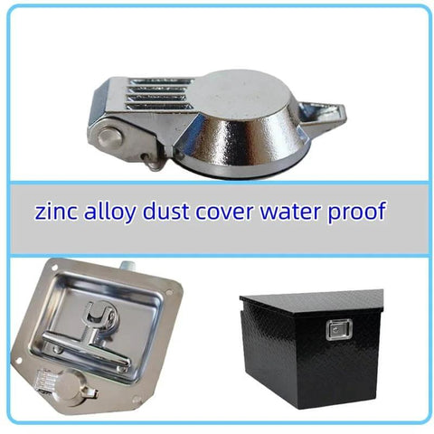 Durable zinc alloy cam lock dust cover set protects tool box locks from dust and moisture, shown with installed view