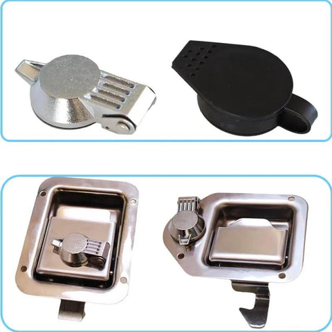 Durable zinc alloy cam lock dust cover set protects tool box locks from dust and moisture in various designs.