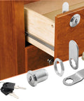 Six durable zinc alloy cam locks with 3/4 inch threads and keys provide secure, corrosion-resistant cabinet and drawer protection