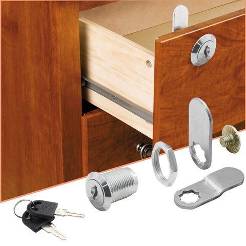 Six durable zinc alloy cam locks with 3/4 inch threads and keys provide secure, corrosion-resistant cabinet and drawer protection