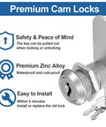 Three Pack Cabinet Locks With Keys One And One Eighth Inch Cam Locks Alike For Cabinets Drawers Doors RV Storage And Mailbox Zinc Alloy Security Lock Set For Tool Boxes And Storage Units displayed with features