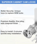 Cabinet Cam Locks Keyed Alike Set For RV Storage And Tool Boxes, zinc alloy, with keys shown, highlights security features.