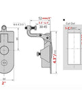 Technical diagram of two-piece zinc alloy compression latches with adjustable grip for 29-45 mm door thickness, silver finish.