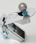 Two-piece zinc alloy compression latches deliver secure flush sealing with easy hand-operated lever action, adjustable grip