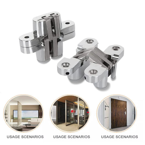 Front view of LAGALO 2-pack hidden cross hinges; chrome zinc alloy with screws
