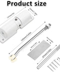 Automatic Door Closer, Zinc Alloy Safety Spring Door Closer Adjustable 30 kg Closing Door Hinge (White) with dimensions and components shown