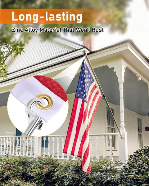 American flag on porch with close-up inset of zinc alloy grommet and hook, illustrating 30 Pieces Heavy Duty Swivel Snap Hooks For Dog Leash 2.75 Inch Clasp With 360 Degree Rotation Marine Grade Zinc Alloy Bolt Snap Multipurpose Single Ended For Keychains Camera Straps Pet Leash.