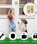 Child and dog near a white door with 4 Pack Zinc Alloy Flip Gate Latch Set, 3 Inch Sliding Barn Door Lock With 90 And 180 Degree Opening