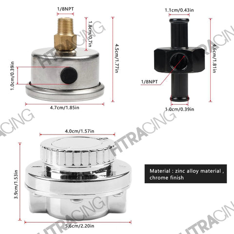 Street Ready Fuel Pressure Regulator With Gauge For Carburetor Universal Fit, Adjustable 1 to 5 PSI, Zinc Alloy, Chrome Plating