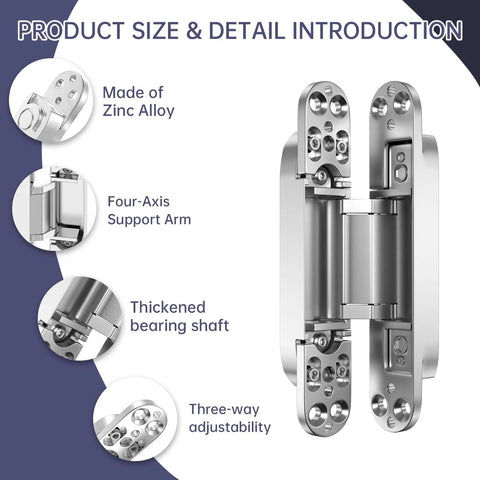 Close-up of 4 Pack 7 Inch Hidden Door Hinges Concealed Zinc Alloy With 180 Degree Swing 3 Way Adjustable Silent Butt Hinge features.