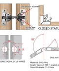 Diagram of 125-degree hidden zinc alloy door hinge set with adjustment details, 2 pieces, for cabinets and bathrooms.