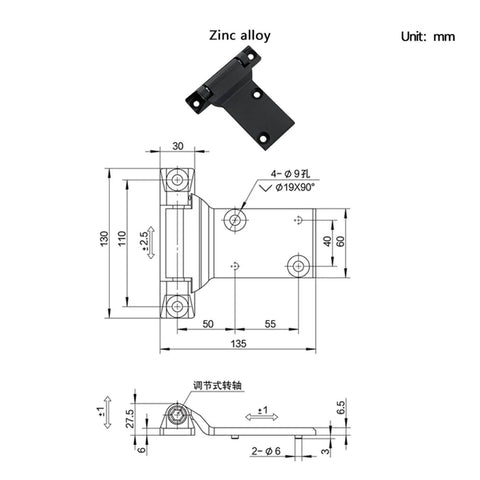 Technical drawing of Heavy Duty Zinc Alloy Hinge for large electrical cabinet doors, zinc alloy construction, dimensions in millimeters.