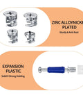 Cam Lock Nuts And Screws Set 110 Pcs Alloy Steel showing zinc alloy nickel plated cam nuts and plastic expansion piece.