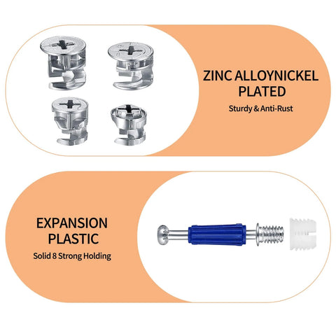 Cam Lock Nuts And Screws Set 110 Pcs Alloy Steel showing zinc alloy nickel plated cam nuts and plastic expansion piece.