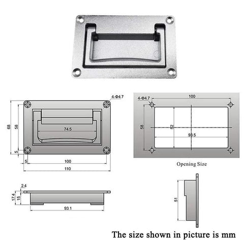 Dimensions and diagram of Zinc Alloy Recessed Pull Handle For Cabinets And Equipment Slim Flush Lift Door Handle 4.37 By 2.74 Inches Sand Chrome Plated Built In Bumper Post Noiseless Folding Design Suitable For Control Equipment Mini Containers And Measurement Devices