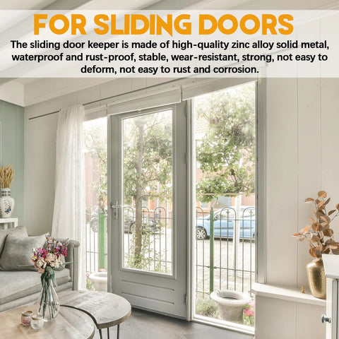 Sliding glass doors with garden view and text promoting high-quality sliding door keeper features.