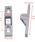 Sliding Door Keepers Glass Lock Latch Replacement Set With Mounting Screws For All Kinds Of Sliding Patio Doors Zinc Alloy Chrome Plated Durable Rustproof Hardware 2 Pack Size 2.36 x 0.55 x 0.63 Inch showing front and side view with measurements