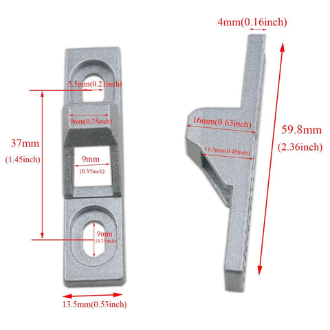Sliding Door Keepers Glass Lock Latch Replacement Set With Mounting Screws For All Kinds Of Sliding Patio Doors Zinc Alloy Chrome Plated Durable Rustproof Hardware 2 Pack Size 2.36 x 0.55 x 0.63 Inch showing front and side view with measurements