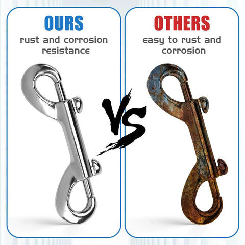 Comparison image of our 4 Pack Double Ended Snaps 3.5 Inch Zinc Alloy Trigger Metal Clips silver hook vs a rusted metal clip