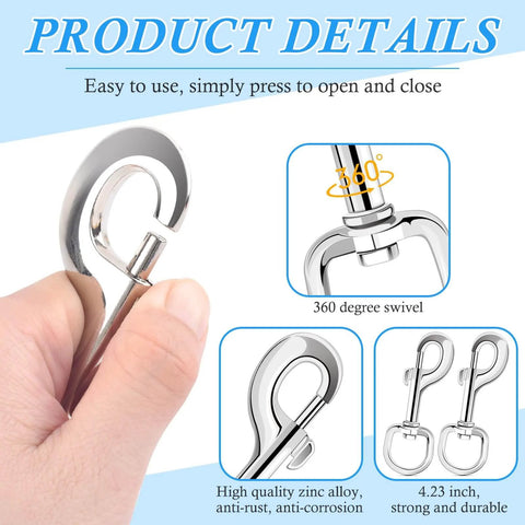 Close-up of Extra Large 4.23 Inch Swivel Eye Bolt Snap Hooks with 220 Lbs Load Capacity made from zinc alloy, showing 360° swivel.