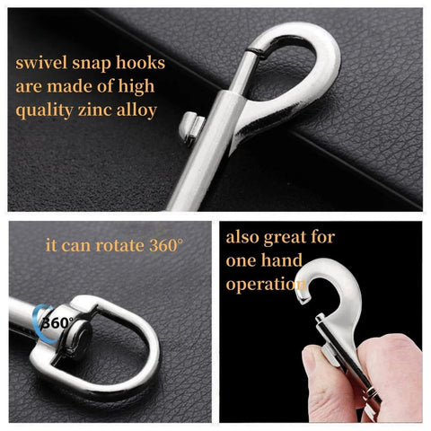Close-up of Zinc Alloy Swivel Snap Hooks 1.8 Inch 4 Pcs Multifunctional Bolt Snaps for Dog Leash with 360° rotating capability.