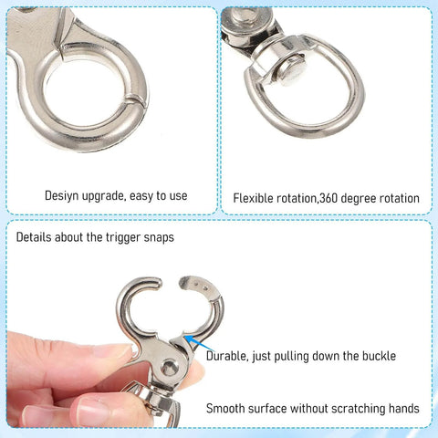 Close-up of 30 Pack Trigger Snap Hooks With Swivel Lobster Clasps Heavy Duty Zinc Alloy Lanyard Clips showing rotation and easy use features.