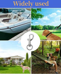 Collage showing zinc alloy swivel snap hooks used in boating, dog leashes, camping hammocks, and home settings.
