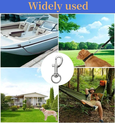Collage showing zinc alloy swivel snap hooks used in boating, dog leashes, camping hammocks, and home settings.