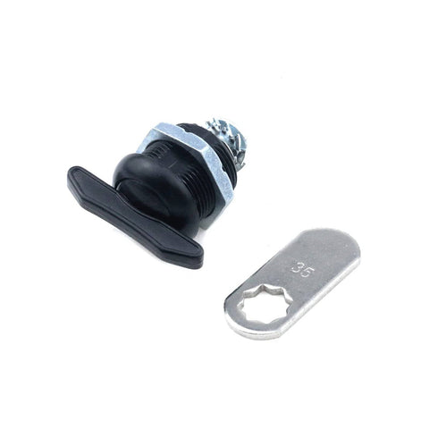 Two high quality zinc alloy thumb operated offset cam locks with T handle deliver secure quick access for machines, cabinets and drawers with easy turn operation, 35mm length and 19x16mm threads, black finish, durable and reliable.