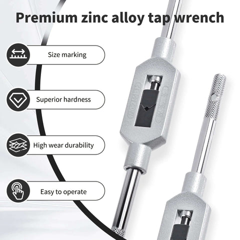 Adjustable Tap Wrench Handle For M1-M12 And W1/16-1/2 Reamers, zinc alloy build, size marking, superior hardness, side view.
