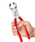 Hand holding THP-1 Washer Hose Pliers Zinc Alloy Hose Clamp Tool For Washing Machine Inlet And Outlet Hoses With Red Handle Replacement Part 20001120