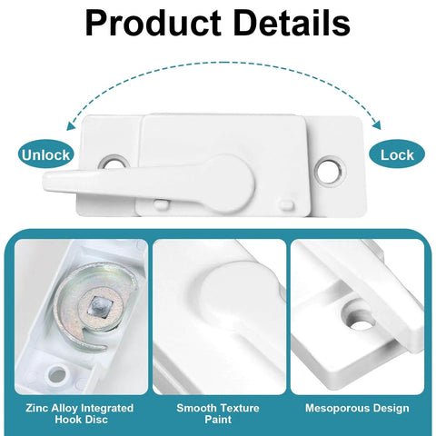 Premium Zinc Alloy Window Sash Locks 2 Pack Latch Replacement For Double Hung Vertical And Horizontal Sliding Vinyl Windows White Cam Design For Enhanced Security And Durable Weather Humidity Resistant Hardware, showing close-up of white cam with smooth texture paint and zinc alloy disc.
