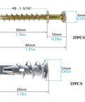 Drywall Anchors And Bear Claw Double-Headed Screws Kit, 25 Zinc Anchors, 25 Gold Screws, dimensions labeled in image