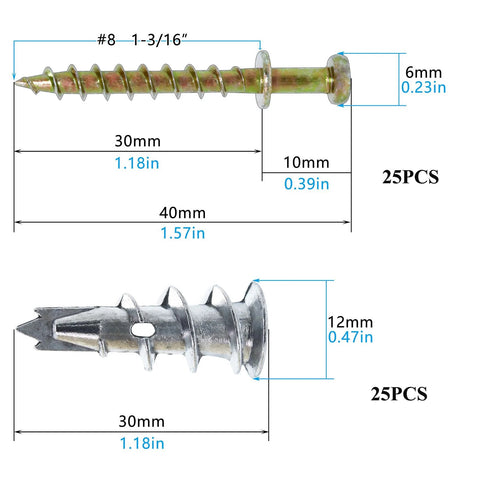 Drywall Anchors And Bear Claw Double-Headed Screws Kit, 25 Zinc Anchors, 25 Gold Screws, dimensions labeled in image